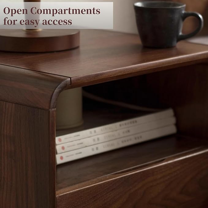 100% Solid Wood Nightstand, Walnut Night Stand with Drawer and Open Shelf, Mid Century Nightstand, Wooden Nightstands, Small Nightstands for Small Spaces Bedroom(Dark Black Walnut, 20.47" H)