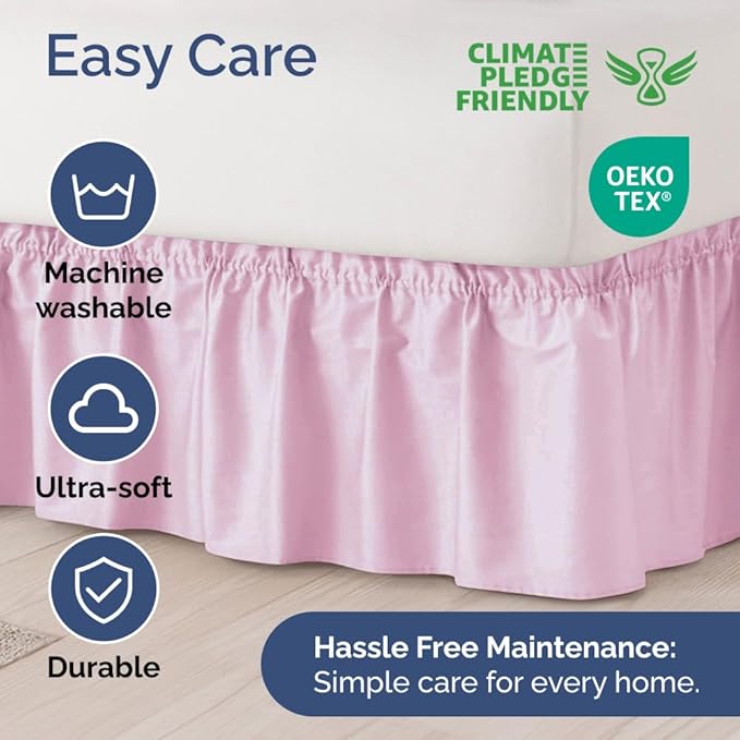 Wrap Around Dust Ruffle Bed Skirt - Light Pink - for Full Size Beds with 24 Inch Drop - Elastic Strap - Adjustable Pleated Bedskirt with Brushed Fabric and Wrinkle Free - for Women, Men, Kids & Teens