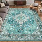 Washable Area Rug 4' x 6' Vintage Traditional Persian Mat - Foldable Distressed Non-Slip Machine Washable Carpet for Living Room Bedroom Kitchen Home Decor - Teal and Gold by Unknown