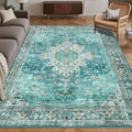 Washable Area Rug 3' x 5 ' Vintage Traditional Persian Mat - Foldable Distressed Non-Slip Machine Washable Carpet for Living Room Bedroom Kitchen Home Decor - Teal and Gold by Unknown