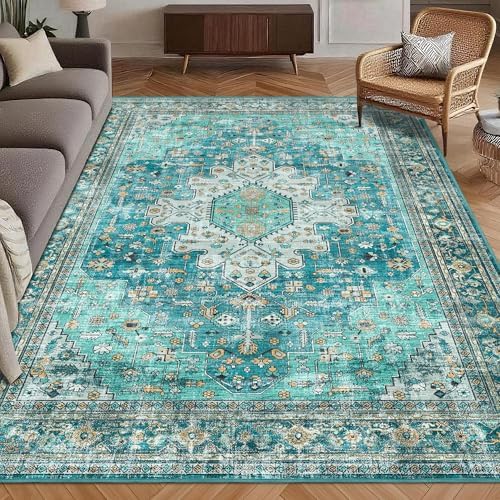 Washable Area Rug 3' x 5 ' Vintage Traditional Persian Mat - Foldable Distressed Non-Slip Machine Washable Carpet for Living Room Bedroom Kitchen Home Decor - Teal and Gold by Unknown