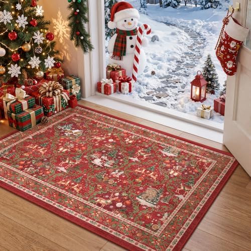 2x3 Christmas Rug,Small Washable Entryway Rug Non Slip,Red by Restydon