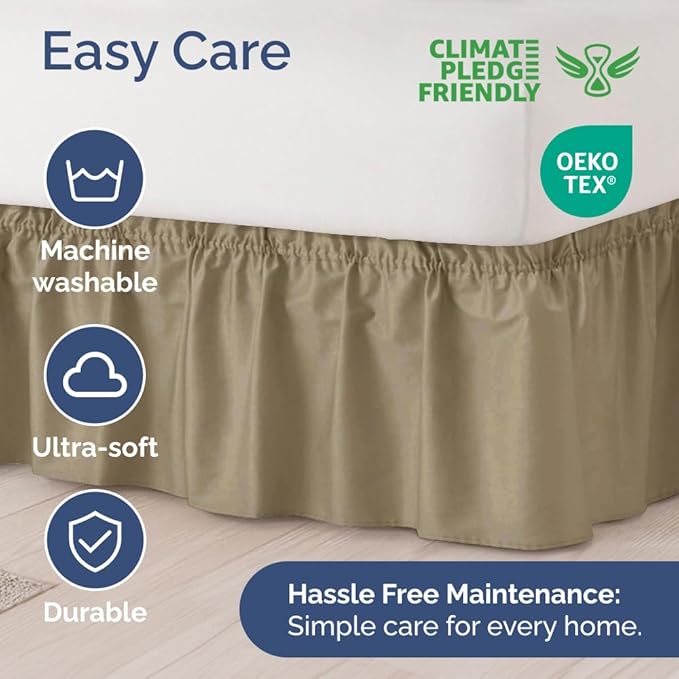 Wrap Around Dust Ruffle Bed Skirt - Khaki - for Queen Size Beds w/ 12 Inch Drop - Easy Fit Elastic Strap - Adjustable Pleated Bedskirt w/Brushed Fabric - Wrinkle Free - for Women, Men, Kids & Teens