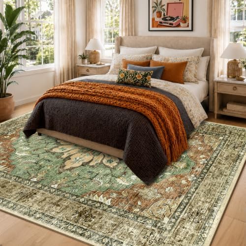 RELEANY Washable Area Rug, 6'x9', Brick/Brown/Green - Image 2