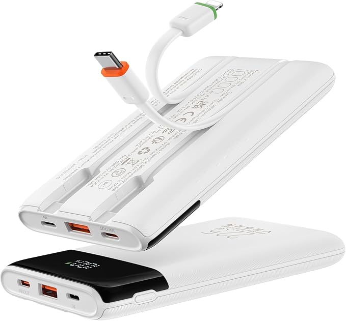 VEGER Portable Charger with Built in Cable, 10000mAh 22.5W Fast Charging USB C Battery Pack, 4 Outputs 3 Inputs Power Bank for iPhone 16/15/14/13 Series, iPad, Samsung, Android, Tablet, White(1 Pack)