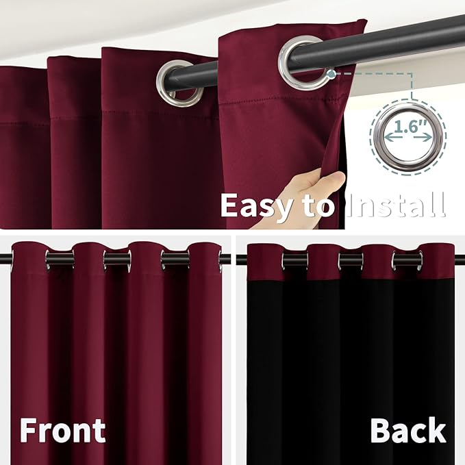 BGment Thermal Insulated 100% Blackout Curtains for Bedroom with Black Liner, Double Layer Full Room Darkening Noise Reducing Grommet Curtain (42 x 84 Inch, Burgundy Red, 2 Panels)
