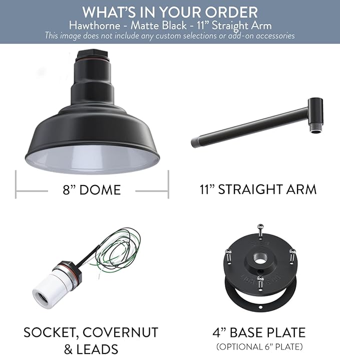 Steel Lighting Co. Hawthorne Barn Light | Outdoor Wall Mounted | 8 inch Dome | 11 inch Straight Arm| Small Farmhouse Light Made in America | Matte Black Exterior/White Interior