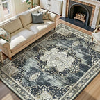 Lofus 8x10 Washable Rugs Non-Slip, Vintage Floral Area Rug for Living Room Bedroom Dining Room Kitchen, Low Pile Distress Print Medallion Carpet Home Decor Rug, Black Beige by Lofus