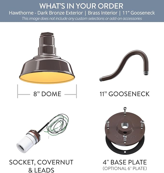 Steel Lighting Co. Hawthorne Barn Light | Outdoor Wall Mounted | 8 inch Dome | 11" Gooseneck | Small Farmhouse Light Made in America | Dark Bronze Exterior/Brass Interior
