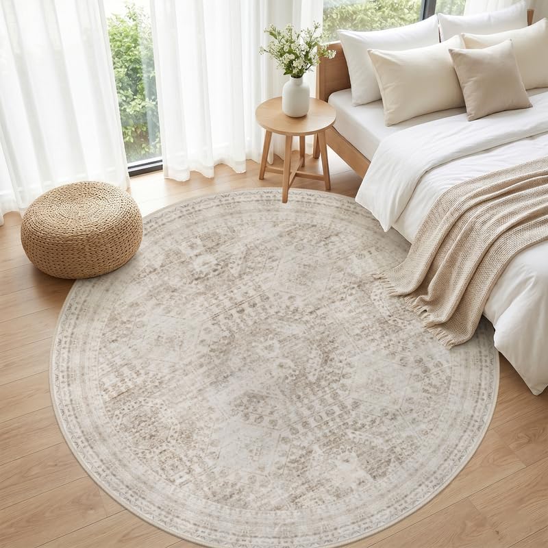 Round Area Rug Living Room: 6ft Neutral Washable Carpet Rug Brown - Image 4