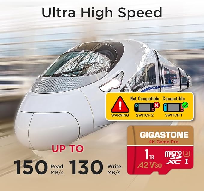 【for Switch 1 Only】 GIGASTONE 1TB Micro SD Card, 4K Game Pro, MicroSDXC Memory Card for Gaming Console, Action Camera, UHD Video, up to 150/130 MB/s, UHS-I U3 A2 V30 C10【5-Years Data Recovery】