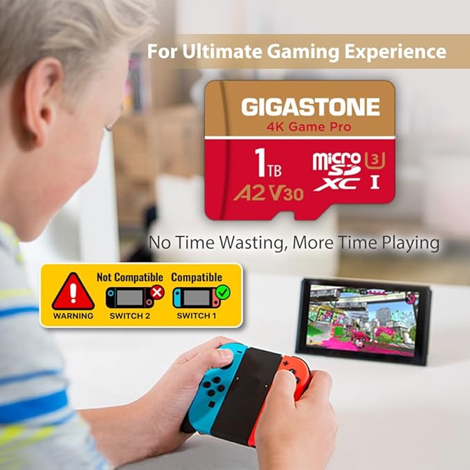【for Switch 1 Only】 GIGASTONE 1TB Micro SD Card, 4K Game Pro, MicroSDXC Memory Card for Gaming Console, Action Camera, UHD Video, up to 150/130 MB/s, UHS-I U3 A2 V30 C10【5-Years Data Recovery】