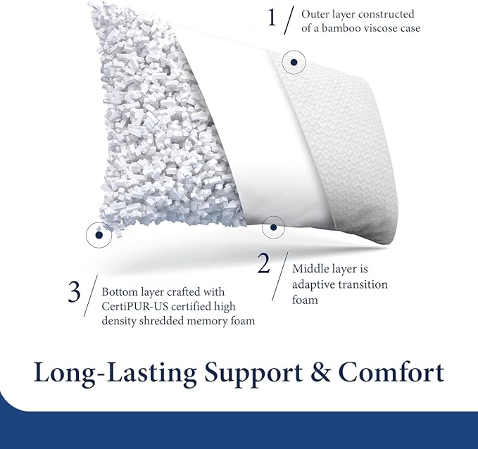 Cosy House Collection Luxury Rayon Derived from Bamboo Shredded Memory Foam Pillow - Adjustable & Removable Fill - Cool & Breathable Cover with Zipper for Side, Back, & Stomach Sleepers (King)