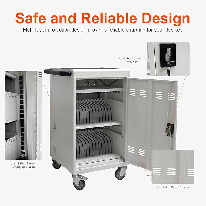 Aokleo 32 Devices Laptop Charging Cart, Tablet Storage Carts for Pad Up to 16.3" Screen Size, Classroom Computer Mobile Charging Station for Pads,Chromebooks,Laptops,Security Storage (White)