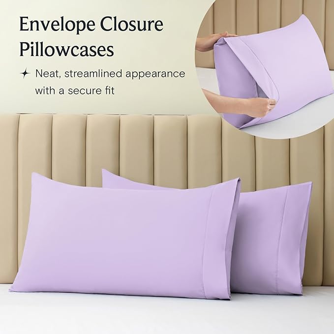 LuxClub 4 PC King Sheet Set, Deep Pockets Wrinkle Free Cooling Bed Sheets Hotel Bedding for Women, Men, Includes 1 Fitted Sheet, 1 Flat Sheet and 2 Pillowcases-Soft Lavender
