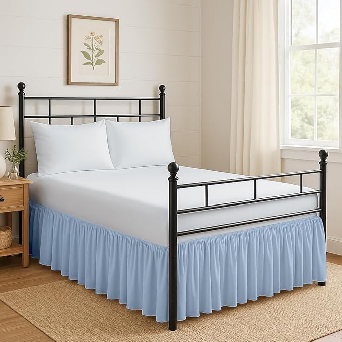 Ruffled Bed Skirt Split Corners with Platform, Tailored Fit Hotel Quality Wrinkle Free Ultra-Soft Microfiber Dust Ruffle, Upto 24 Inch Drop, Queen, Sky Blue