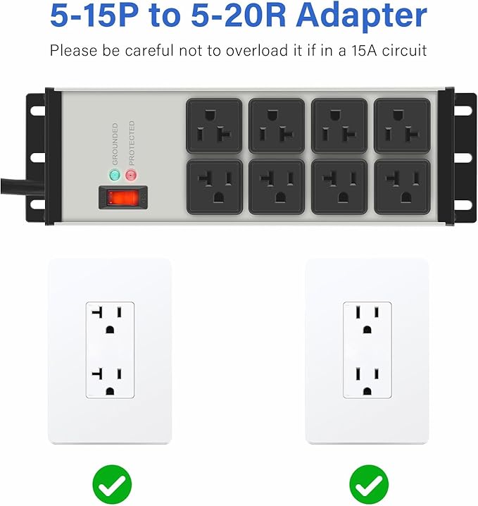 CCCEI 2PCS Heavy Duty Power Strip Surge Protector 20 AMP, 8 Outlets 12 Gauge Shop Garage Metal Multiple Outlets, 15 FT Extension Cord 5-15P Adapter High Amp 6-20R T-Slot 20a for Appliance Grey.