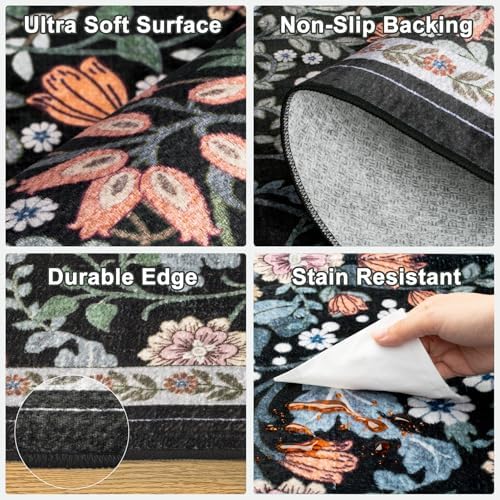 PLHXFR 3x10 Washable Runner Rug：Floral Indoor Kitchen Carpet Dark Black - Image 7