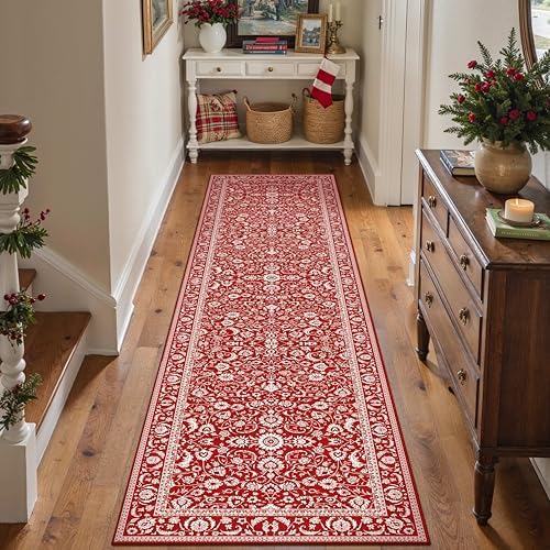 HUGEAR 2x8 Christmas Red Floral Washable Runner Rug for Hallway by HUGEAR