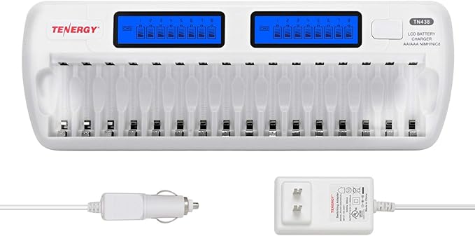 Tenergy TN438 16 Bay Battery Charger for AAA and AA Rechargeable Batteries, AA/AAA NiMH/NiCd Rechargeable Batteries Charger with AC Wall Adapter and Car Adapter