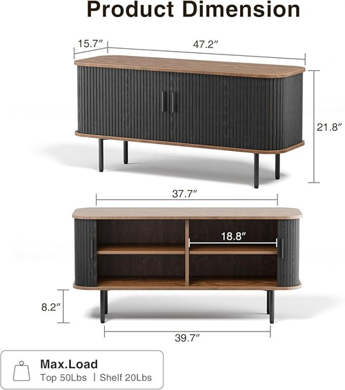 47''W Black Cabinet with Storage, Media Console, Tambour TV Stand, Television Stands with Curvy Edge; Sliding Door, Fluted Cabinet, Buffet Sideboard, Credenza, Table Stand for Living Room, Kitchen