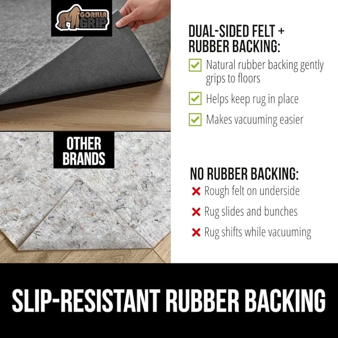 GORILLA GRIP Felt and Natural Rubber Stay in Place Slip Resistant Rug Pad, 1/8in Thick, 4x6 FT Protective Padding Under Area Rugs, Cushioned Gripper Pads, Carpet Runners, Hardwood Floors Protection