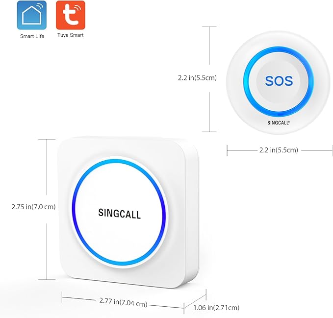 SINGCALL Tuya WiFi SOS Wireless Calling Caregiver Pager System Calling Alert System for Patients Seniors Elderly Disabled 1 Plugin Receiver 1 Smart Emergency Call Button (only Supports 2.4GHz Wi-Fi)