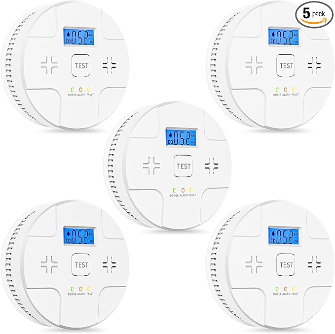 5 Packs,Smoke Detector Carbon Monoxide Detector Combo,2-in-1 Detection,85 dB Alarm,LED Indication,LCD Digital Displays,Battery Operated,(Includes 3 x 1.5V AA Batteries),Easy to Install,Portable Use