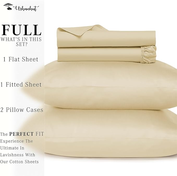 URBANHUT 800 Thread Count 100% Cotton Full Size Sheets, Luxury 4 Piece Full Bedsheets, Hotel Sheets Sateen Finish - Better Than Egyptian, 16" Elasticized Deep Pocket - Sand