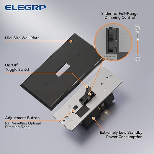ELEGRP Digital Toggle Dimmer Switch for Dimmable LED, CFL and Incandescent Light Bulbs, Single Pole or 3-Way Toggle LED Dimmer Light Switch, Wall Plate Included, UL Listed, 6 Pack, Black