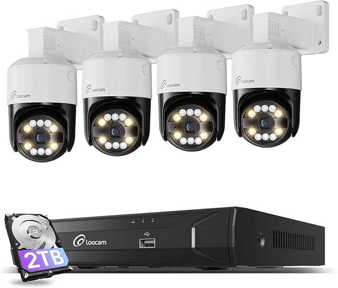 Loocam Camera for Home Security, POE Security Camera System with 4pcs Pan & Tilt Camera for Indoor Outdoor, Person/Vehicle Detection, Color Night Vision, 4K 8CH NVR 2TB HDD Included, Plug & Play