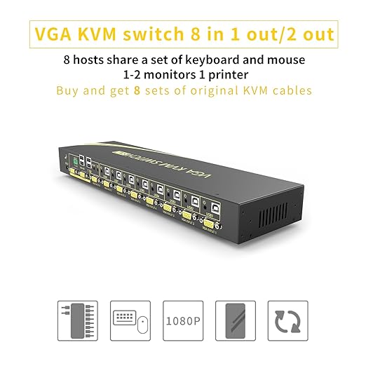 VGA KVM Auto Switch 8 Port in 2 Out Switcher 8x2 Supports Hotkeys,Audio,Basic Keyboard and Mouse USB 2.0 Devices Sharing 8 Computers with Remote Control