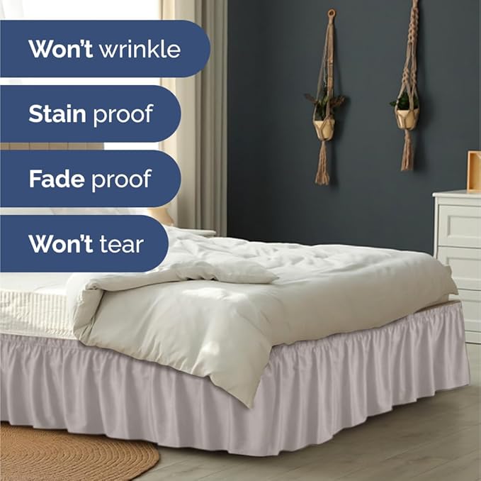 Wrap Around Dust Ruffle Bed Skirt - Light Grey - for King Size Beds with 15 Inch Drop - Elastic Strap - Adjustable Pleated Bedskirt with Brushed Fabric and Wrinkle Free - for Women, Men, Kids & Teens