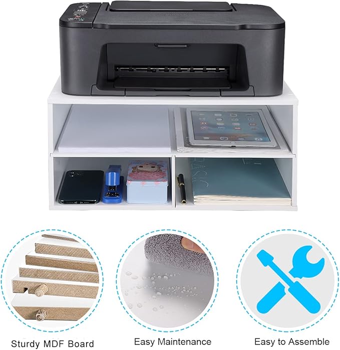EMERIT Printer Stand for Desk - 2 Tier Desktop Printer Stand with Paper Storage, Printer Riser Organizer for Home Office, Holds up to 30 lbs, White