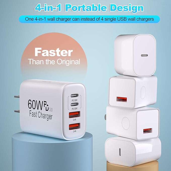 60W USB C Charger Block Fast Charging,2Pack 4Port Type C Charger Fast Charging Blocks 2 Type-C & 2 USB-A Ports Power Adapter for iPhone 17/17 Air/16/15/14/13/12/11 Pro Max/XS/XR/8/7/6,iPad,Samsung