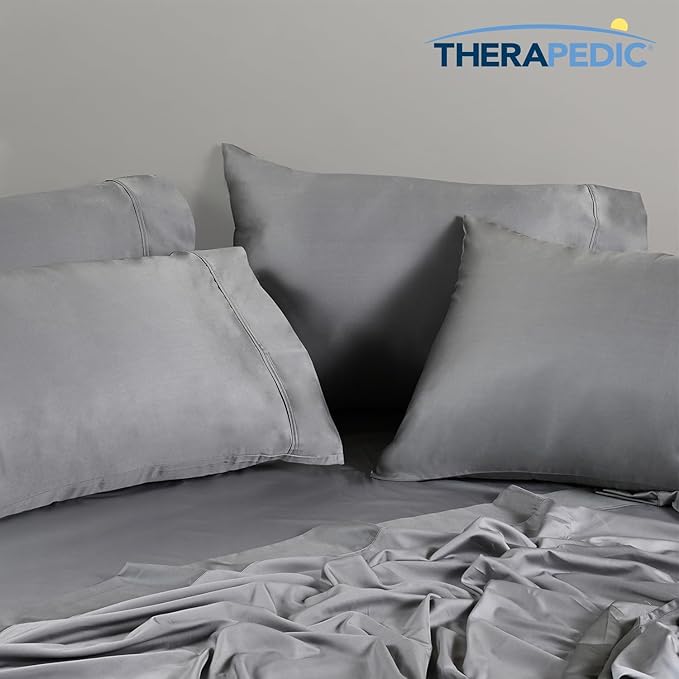 Therapedic 1000TC King 6-Piece Sheet Set - 100% Organic Rayon Derived from Bamboo Blend with Cooling Fiber, Ideal for Hot Sleepers - 16" Deep Pocket Fitted Sheet, Bonus Pillowcases - Dark Grey