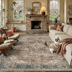 HUGEAR 6x9 Blue Brown Retro Floral Washable Area Rug for Living Room by HUGEAR