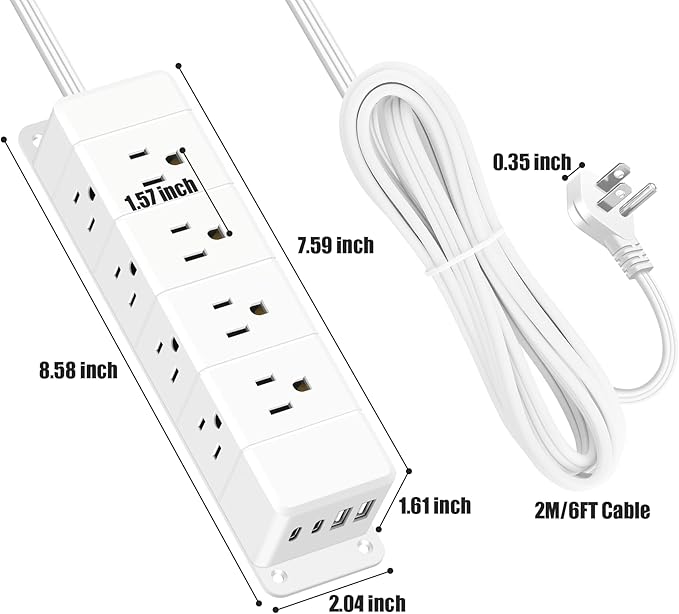 40W Fast Charging Under Desk Power Strip,12 Outlet Mountable Power Strip with 4 USB,1200J Surge Protection,10FT Flat Extension Cord