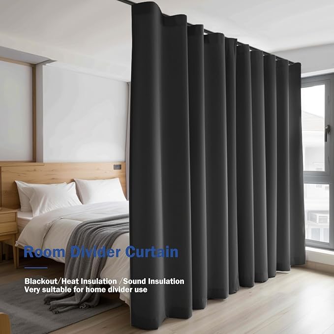 Room Divider Blackout Curtain Track Curtains Wall Dividers Panels Screen for Living Rooms Bedroom Office Privacy Partition Separation, W150 × L120 Inch,1 Panel, Black