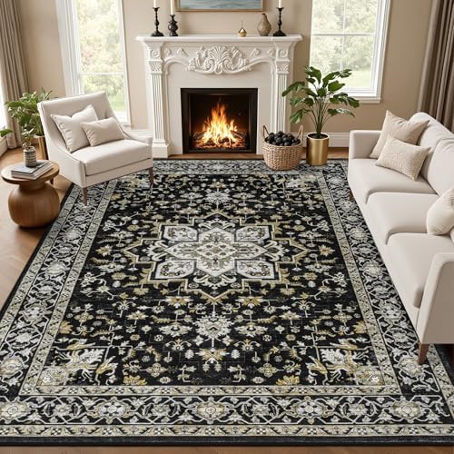 8x10 Area Rugs Living Room: Washable Rug for Bedroom Black Gold by EXPEDIX