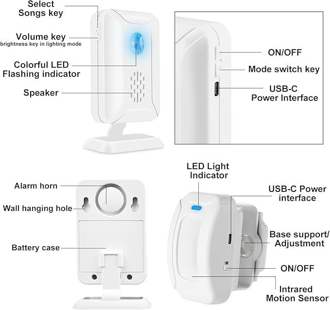 KCMYTONER Motion Sensor Door Chime Battery Operated, Motion Sensor Alarm for Business,Doorway Motion Bell,Volume Adjustable,918Ft Range,5 Modes, 36 Tunes, for Home, Store, Office