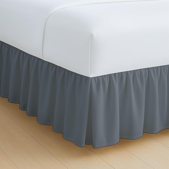Rajlinen Ruffled Bed Skirt Full, 12 Inch Drop Dust Ruffle with Split Corners, 100% Microfiber Bedskirt with Platform, Three-Sided Coverage Ruffled Gathering Design, Dark Grey