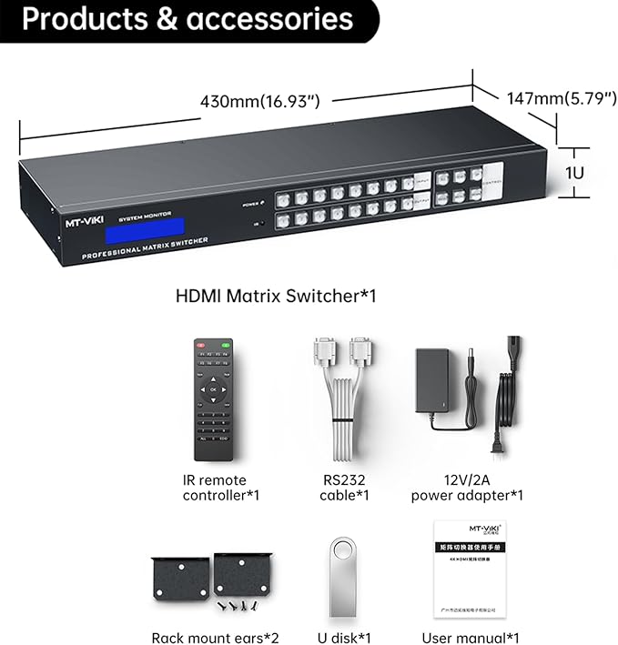 MT-VIKI 4K HDMI Matrix Switch 8X8 w/Web GUI & 3.5mm Stereo Audio Extraction w/IR Remote, 4K@30Hz, Rack Mount Switcher & Splitter, EDID, RS232, LAN Port, APP, Fit 1U 19'' Rack