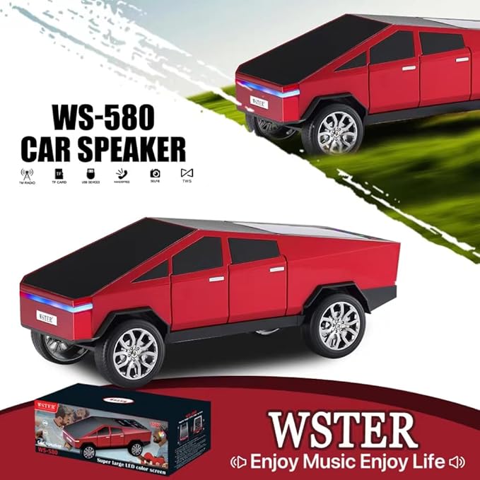 WSTER Futuristic Pickup Truck Bluetooth Speaker with LED Display Screen – Practical Gift Choice for Car Model Fans & Audio Users, TWS Stereo, FM Radio, USB/TF Playback, Front LED Headlights, Mic(RED)