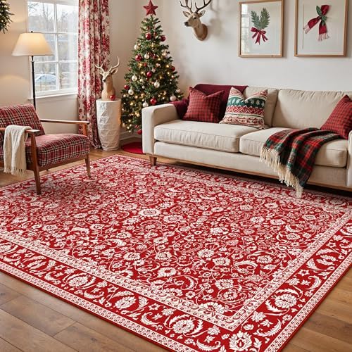 HUGEAR 5x7 Christmas Red Floral Washable Area Rug for Living Room by HUGEAR