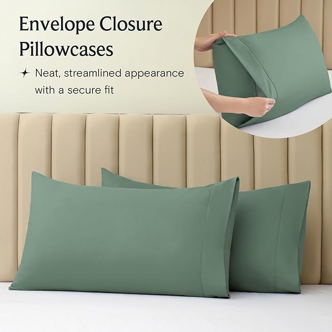 LuxClub 5 PC Split King Sheet Set, Deep Pockets Wrinkle Free Cooling Bed Sheets Hotel Bedding for Women, Men, Includes 2 Fitted Sheet, 1 Flat Sheet and 2 PillowcasesSoft Tree Moss Green