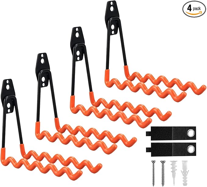 CRXCRC Garage Hooks, 4 Pack Wave Hooks for Hanging Heavy Duty Ladders, Bikes, Tools Ideal for Garage, Garden, Basement Utility Room Storage (Orange)