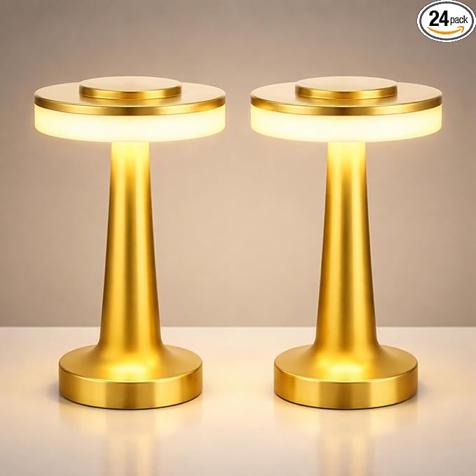 VIHOSE Cordless Table Lamps LED Portable Rechargeable Table Lamp with Touch Sensor 3 Color Dimming up to 15 Hours Battery Desk Light for Restaurant Nursery Living Room(Gold,24 Pcs)