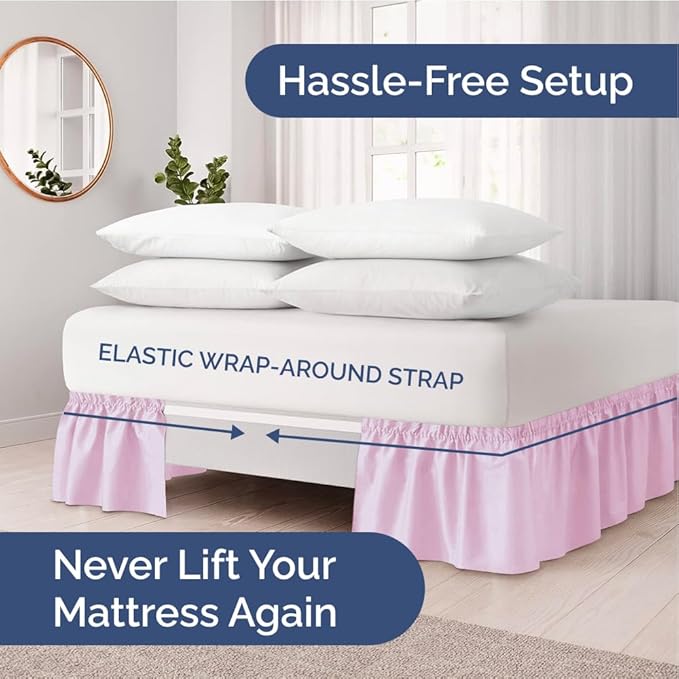 Wrap Around Dust Ruffle Bed Skirt - Light Pink - Twin/Twin XL Size Beds with 15 Inch Drop - Elastic Strap - Adjustable Pleated Bedskirt with Brushed Fabric and Wrinkle Free - Women, Men, Kids & Teens