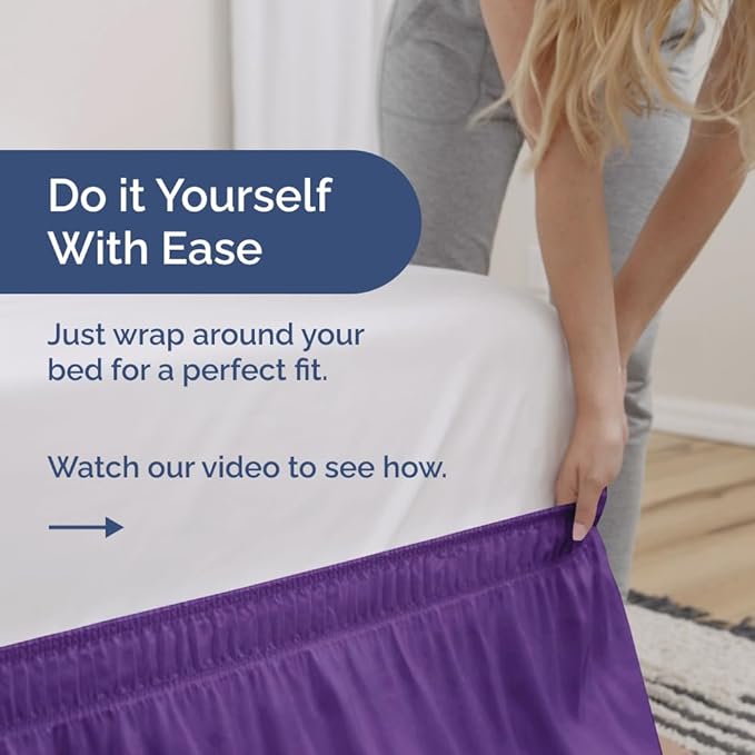 Wrap Around Dust Ruffle Bed Skirt - Purple - for King Size Beds with 18 Inch Drop - Easy Fit Elastic Strap - Adjustable Pleated Bedskirt w/Brushed Fabric - Wrinkle Free - for Women, Men, Kids & Teens